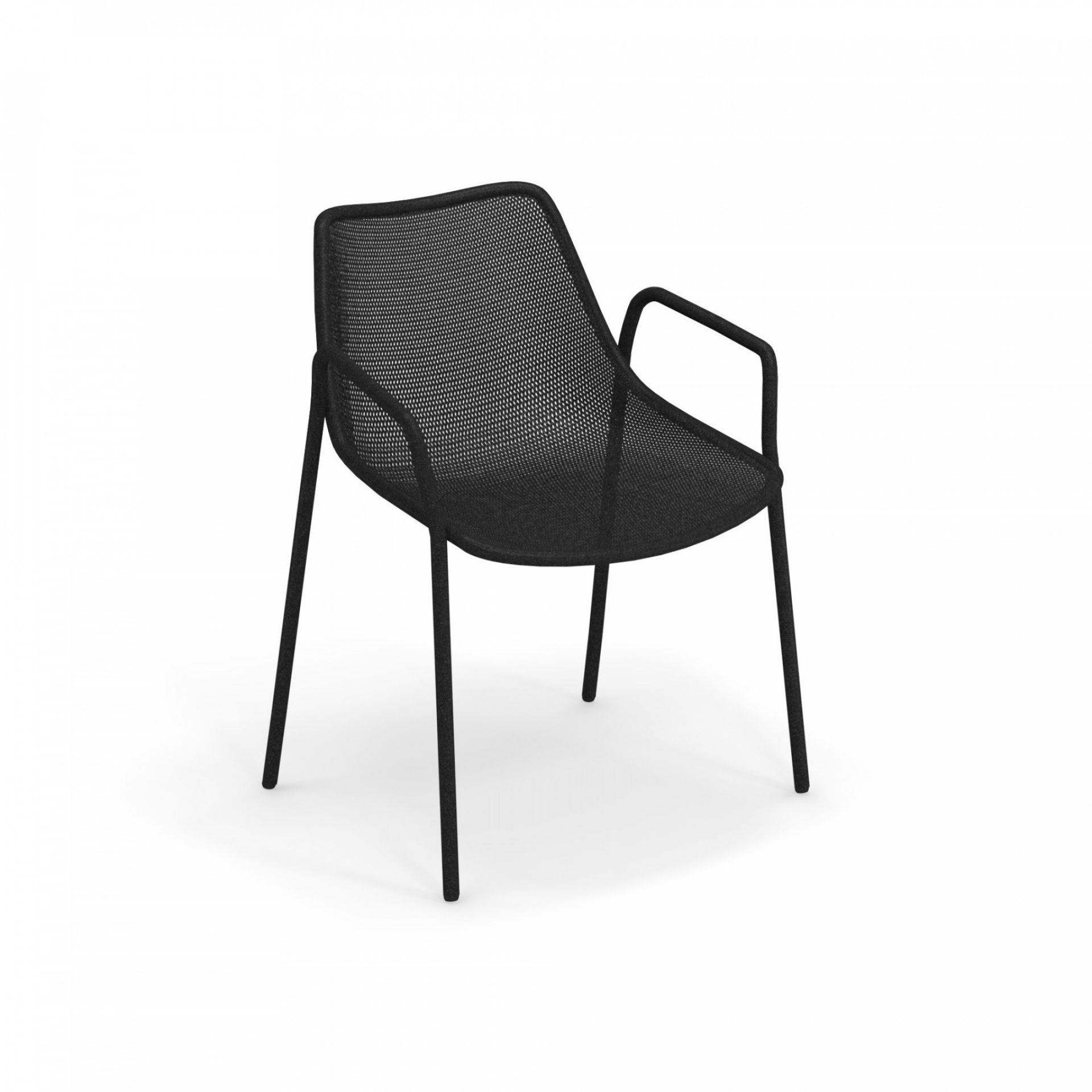Schwarzer Emu Stuhl mit Armlehnen und Netzstruktur, ideal für Garten und Terrasse.